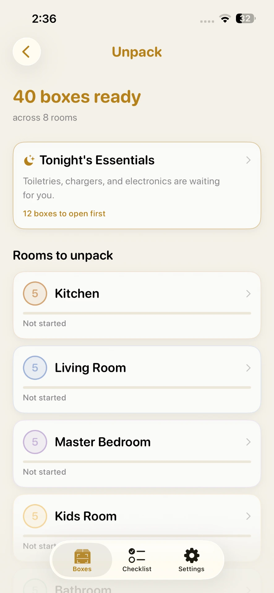Unpack screen showing 40 boxes ready across 8 rooms, with Tonight's Essentials and per-room progress
