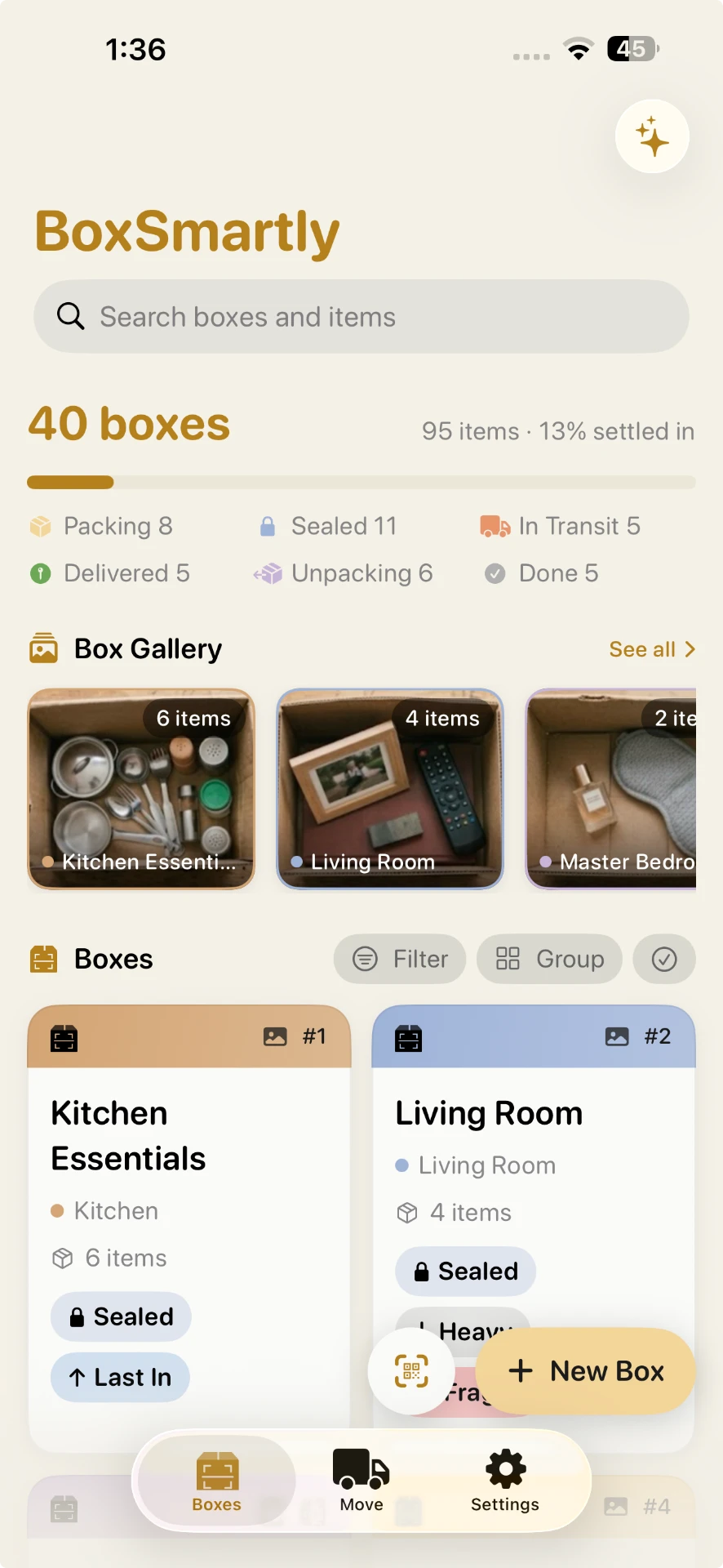 BoxSmartly dashboard showing 40 boxes, status counts, Box Gallery, and room-coded box cards