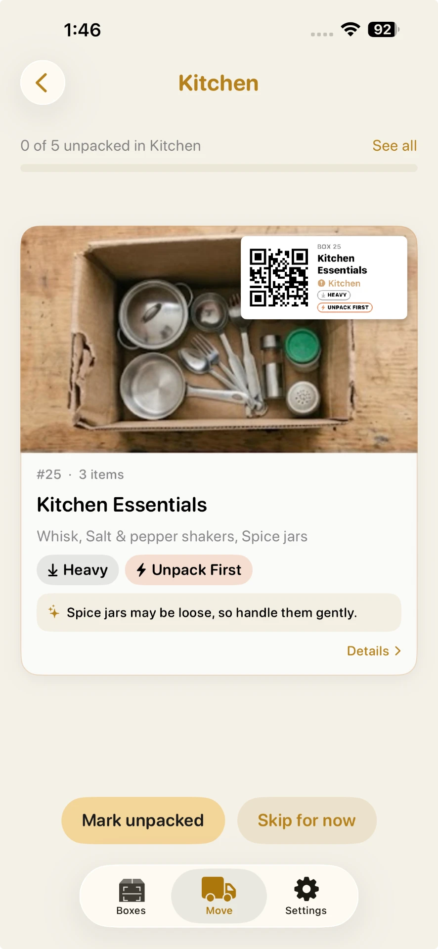 Kitchen box card with a photo, item list, a quick tip and Mark unpacked and Skip for now buttons