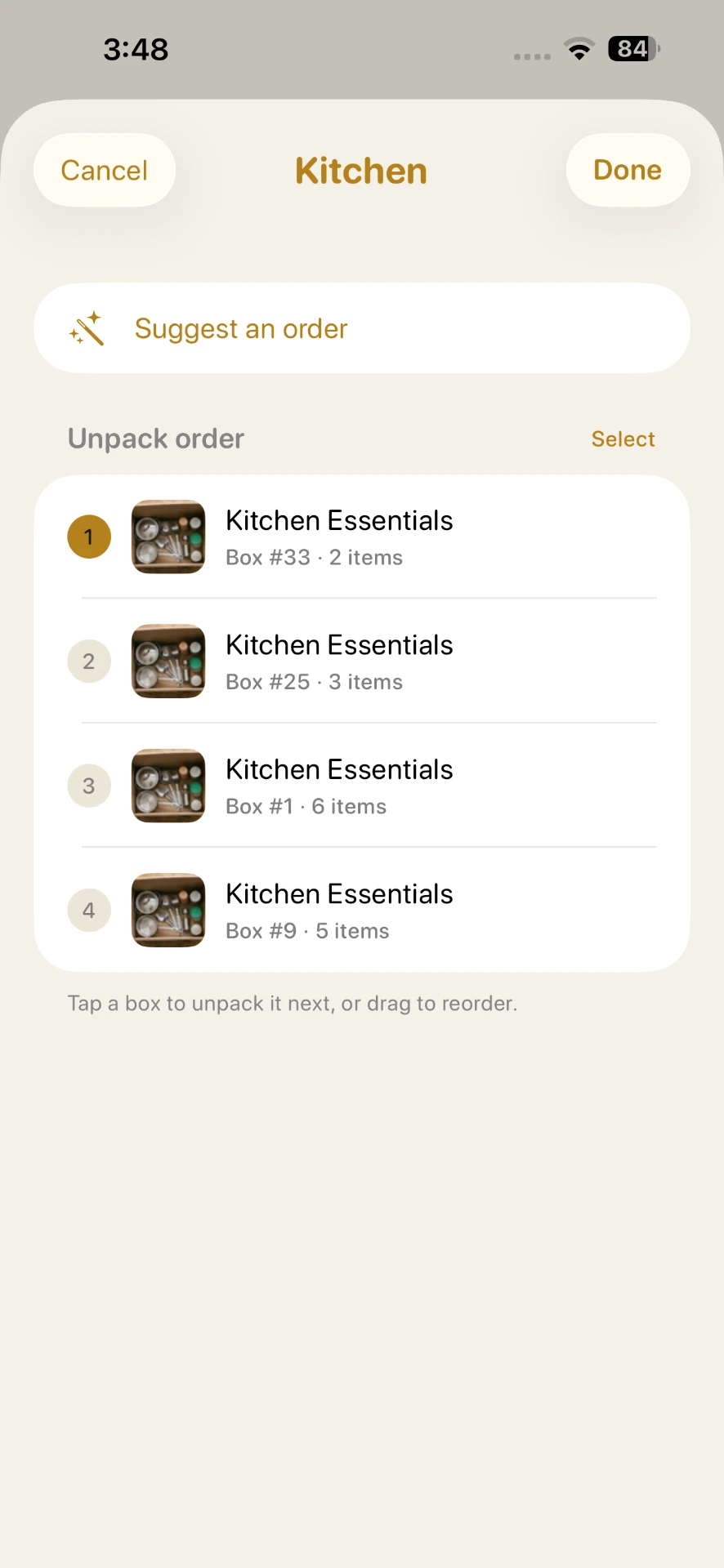 Unpack order sheet for the Kitchen with a Suggest an order button and boxes that can be reordered by dragging