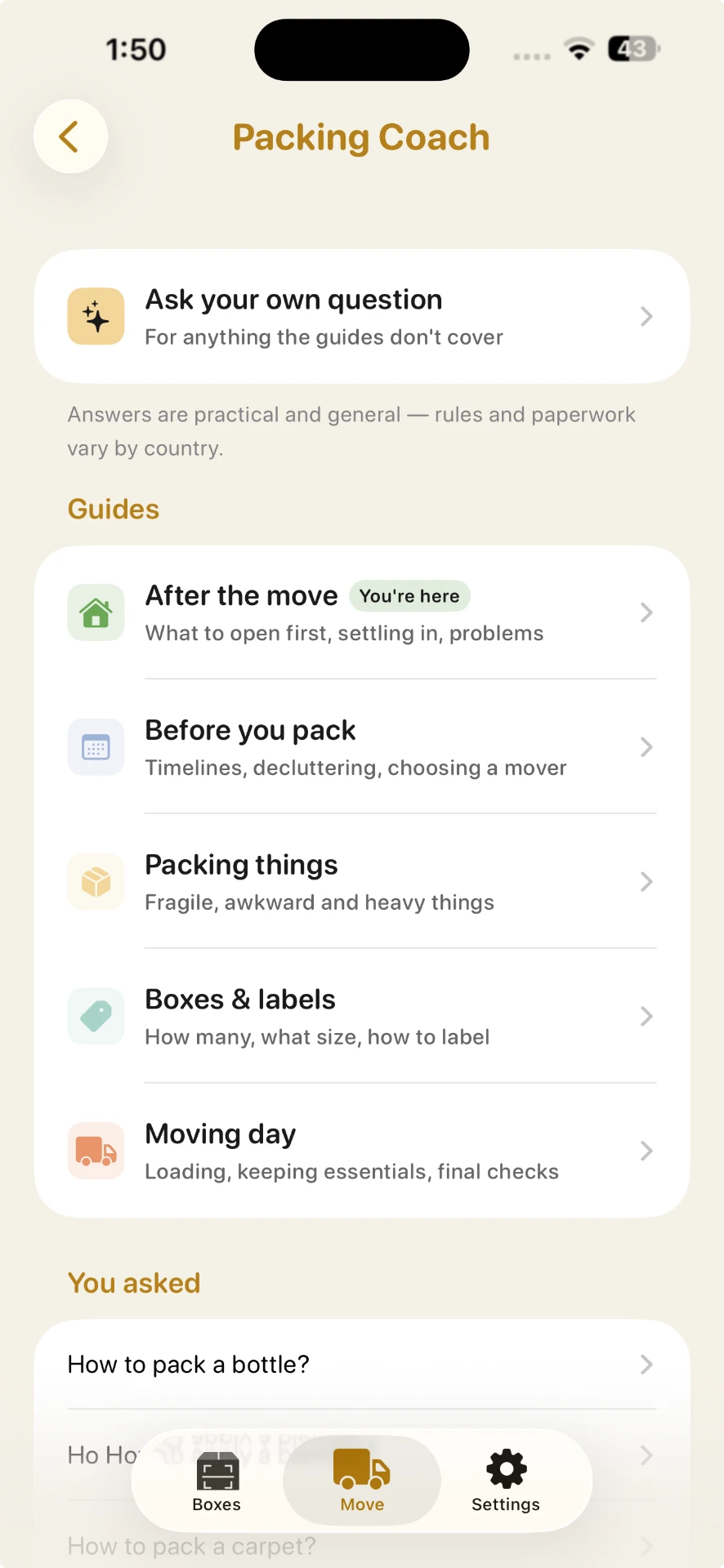 Packing Coach screen with packing guides and the option to ask a question