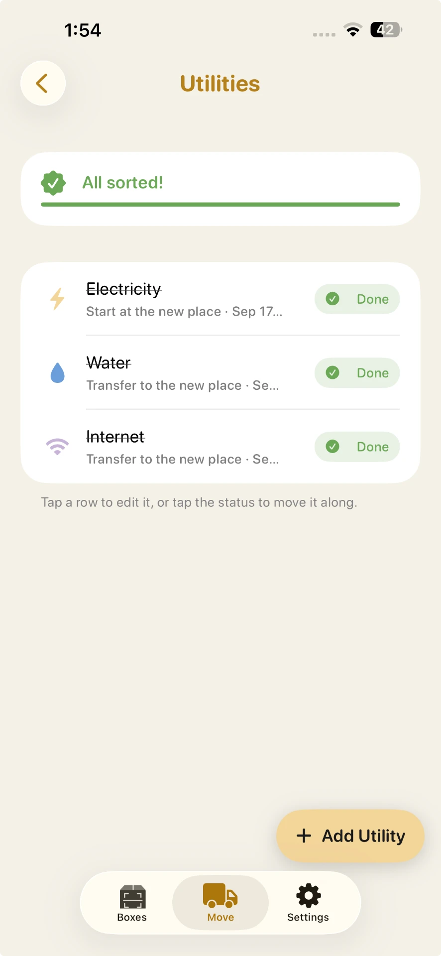 Utilities screen showing electricity, water, and internet transfers completed