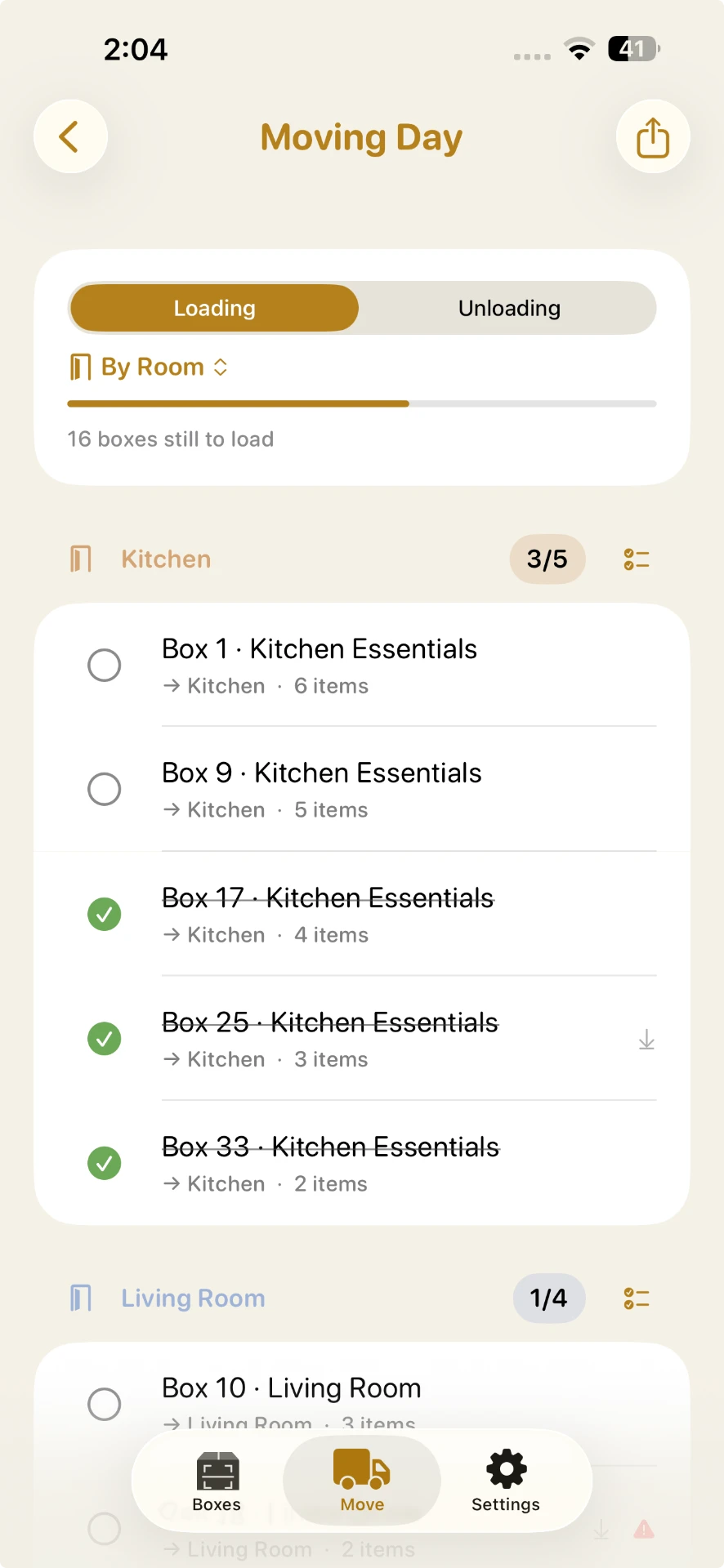 Moving Day Manifest showing loading and unloading modes, room progress, and boxes checked onto the truck