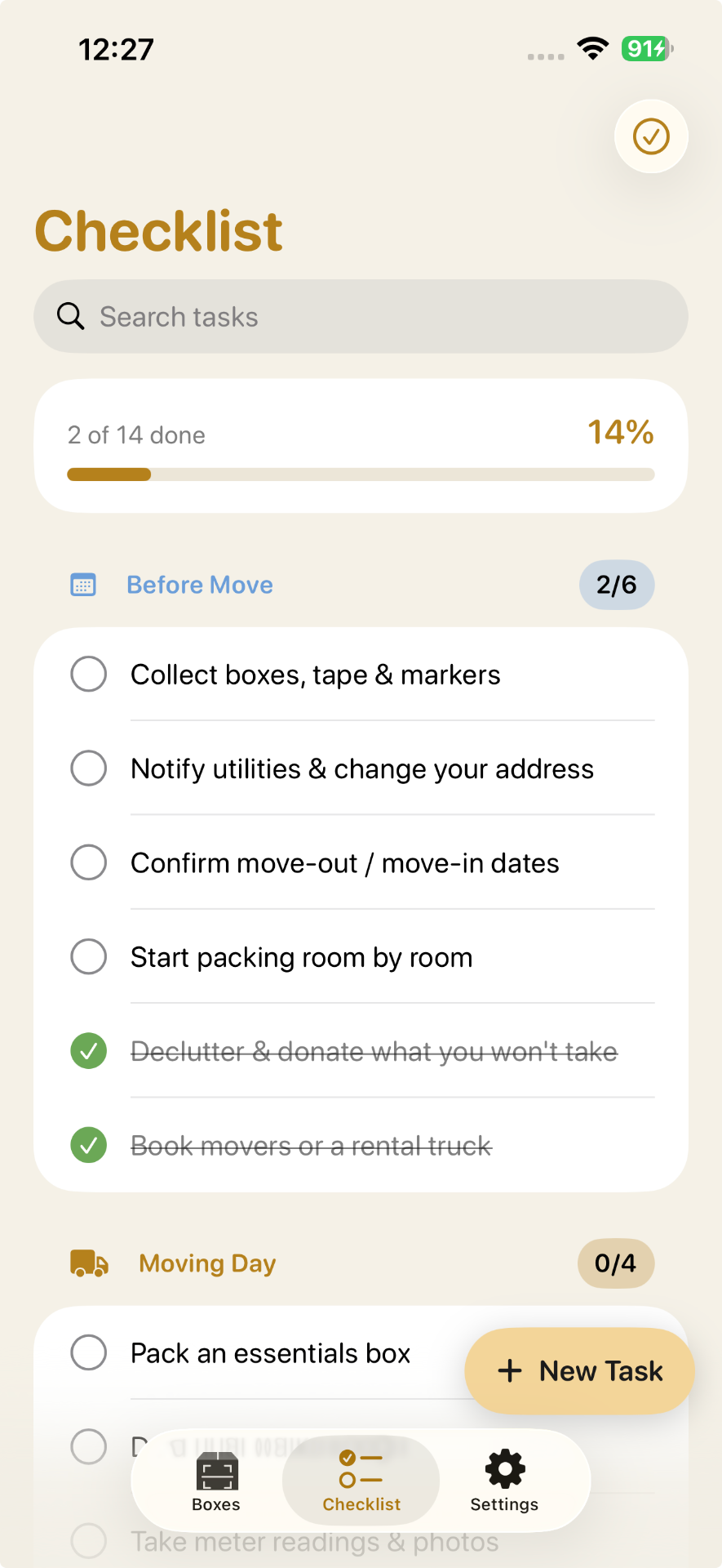 Moving checklist grouped by Before Move, Moving Day, and Settle In with progress tracking