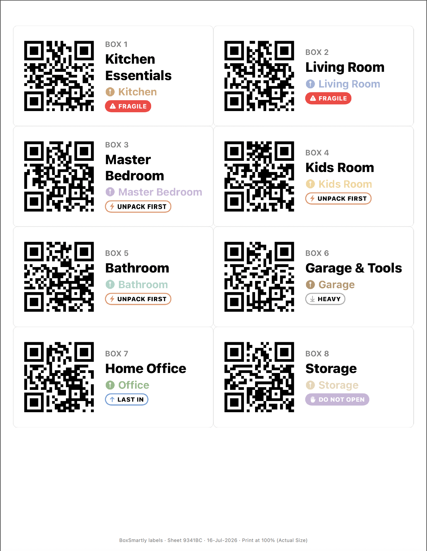 Printable QR label sheet showing 8 boxes with room, name, and tag for movers