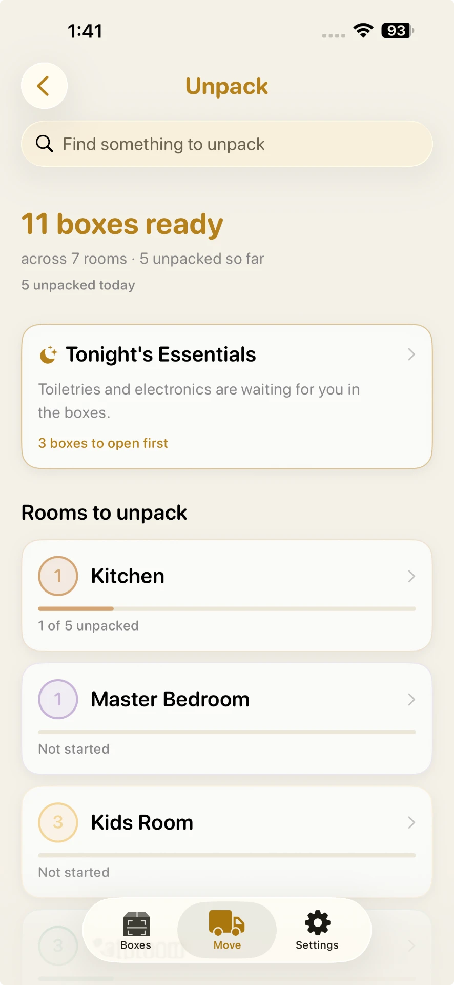 Unpack screen showing 17 boxes ready across 8 rooms, with search, Tonight's Essentials and per-room progress