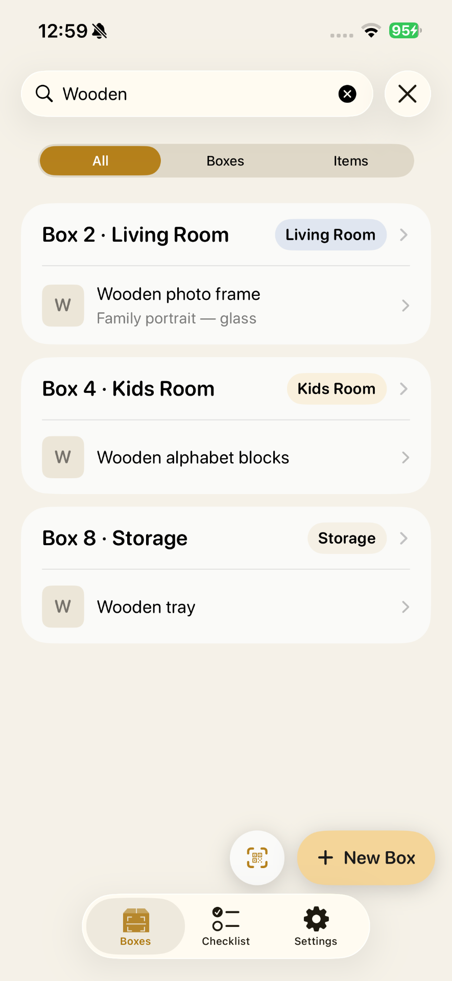 Search results for 'Wooden' finding items across Living Room, Kids Room, and Storage boxes