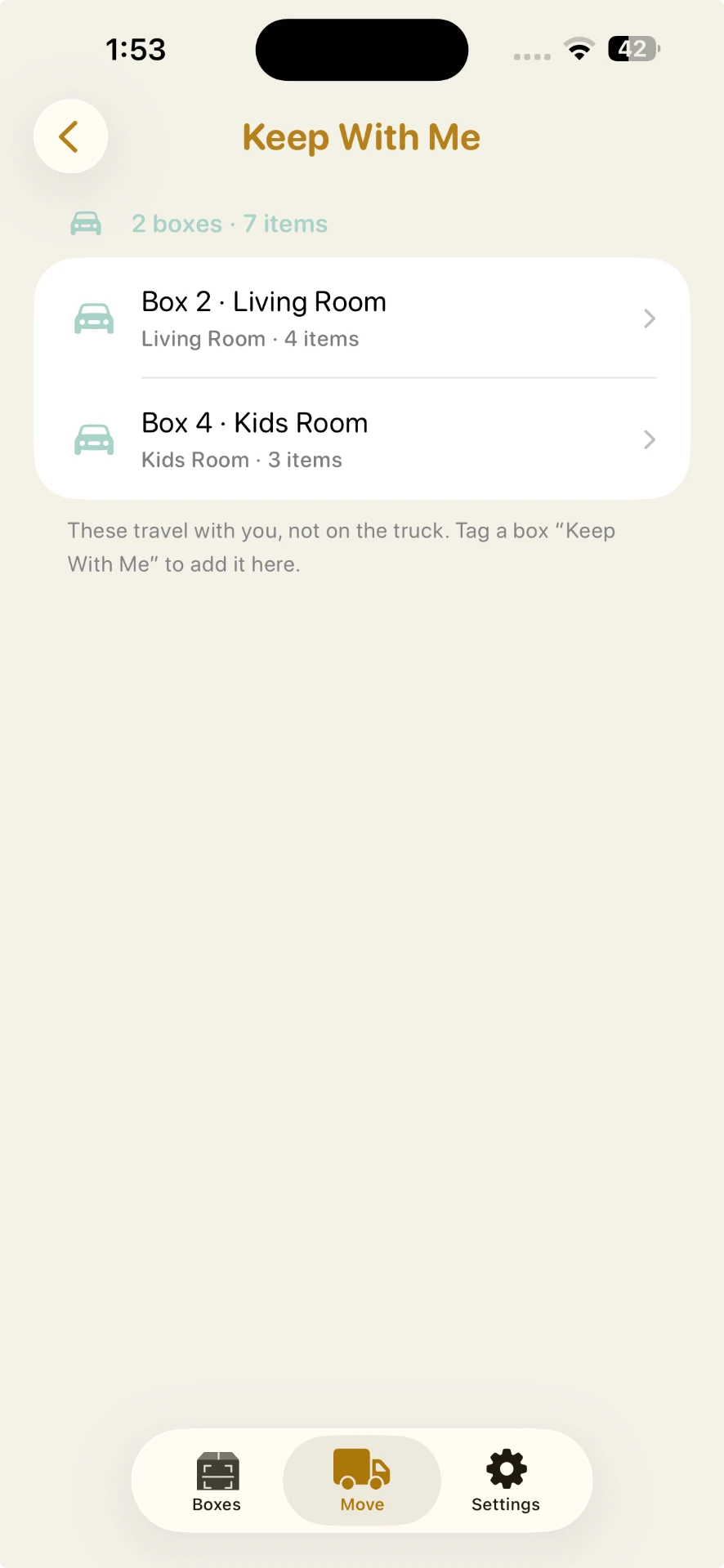 Keep With Me screen listing two boxes and seven items traveling in the car